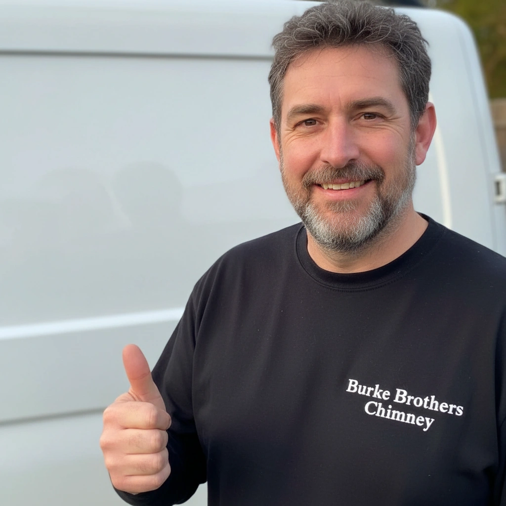 Ian Burke, owner of Burke Brothers Chimney, wearing company uniform with logo
