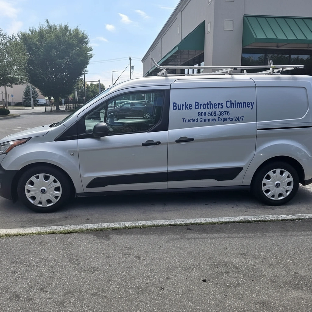 Burke Brothers Chimney service van with company branding and phone number 908-509-3876